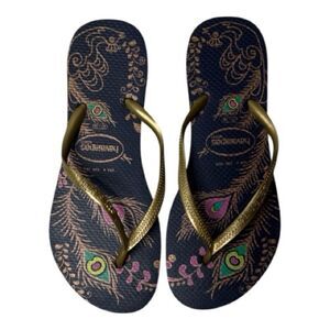 Havaianas Peacock Print Rubber Thong Flip Flops. Size 6.